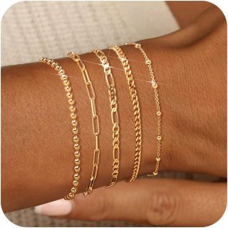 Gold Bracelets for Women, 14K Gold Plated Stackable Bracelet Stack Set Adjustable Charm Paperclip Chain Cuban Link Layered Waterproof Jewelry Sets Gifts for Womens 6.0/6.8/7.2"